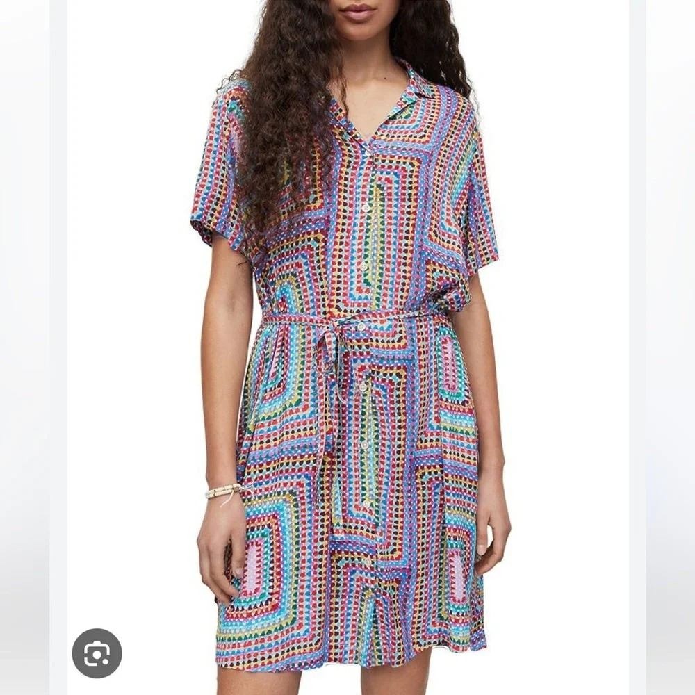 AllSaints Athea Luisa Dress Womens 6 Multi Color Geometric Shirt Dress Tie Waist